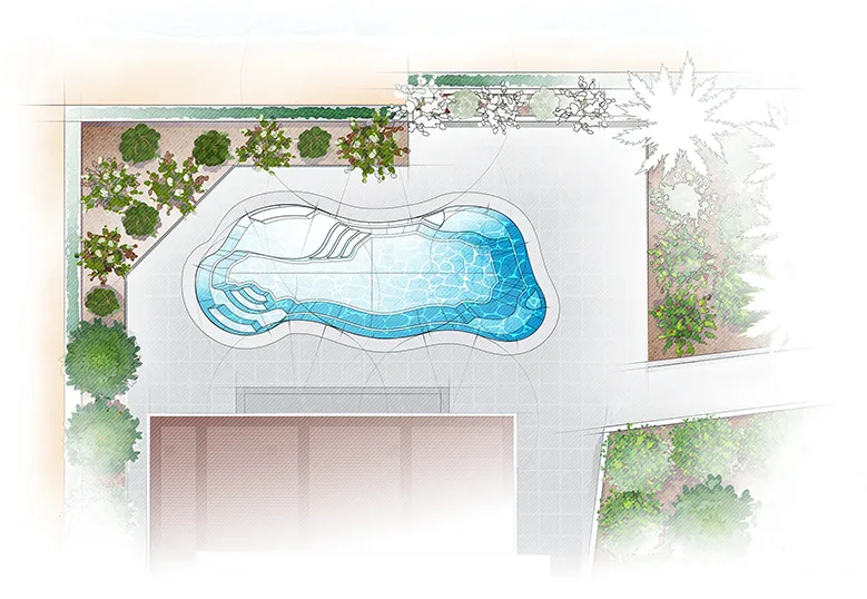 The Aria fiberglass pool - Architectural rendering aerial view